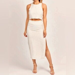 Miou Muse (Set of 2) Belle Linen Pinstripe Midi Skirt and Top in Oatmeal